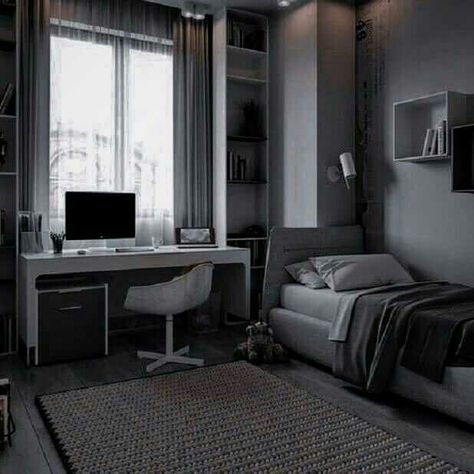 Dark Grey Room Aesthetic, Grey Room Ideas Bedroom, Bedroom Layouts For Small Rooms, Room Aesthetic Ideas, Male Bedroom Ideas, Gamer Bedroom, Dekorasi Kamar Tidur, Bedroom Setup, Room Redesign