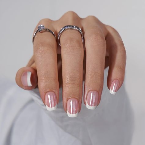 White Nails Gel Short Design, Chrome French Tip Short Nails, Short French Tip Acrylic Nails With Pearls, Square Oval French Nails, Short French Tip Polygel Nails, Glaze French Tip Nails, Shirt Classy Nails, Square French Tip With Chrome, French Color Tip Nails