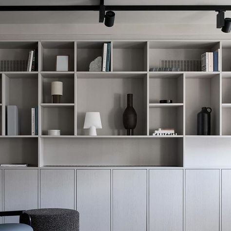 Object Atelier on Instagram: "Another look at some of the joinery we made for @studio.skey This library bookcase was constructed from oak veneered MDF with a sprayed finish. The finish was light to show the grain of the oak which is a really nice way to finish veneer. Paint colour was @littlegreenepaintcompany French Grey Dark. Photo by @adamcarterphoto #library #bookcase #oakveneer #joinery #london #bespoke #fitout #office" Grey Shelves, Dark Photo, Library Bookcase, Paint Colour, French Grey, Custom Wall, Joinery, Wall Shelves, Paint Colors