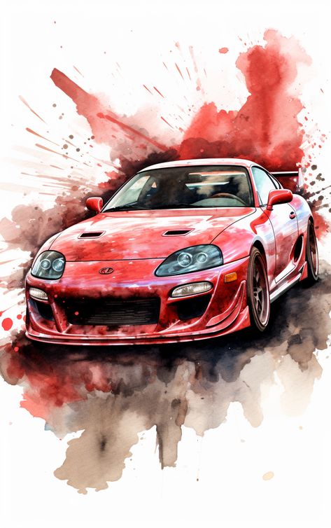 Toyota supra mk4 watercolor Car Painting Watercolor, Supra Painting, Supra Drawing, Supra Mk4, Toyota Supra Mk4, Watercolor Art Lessons, Toyota Cars, Anime Character Drawing, Book Art Drawings