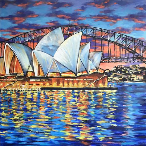 Sydney Drawing, Sydney Painting, Acrylic Architecture, Australia Drawing, Australia Painting, Sidney Australia, Night Reflection, Az Art, Australia Landscape