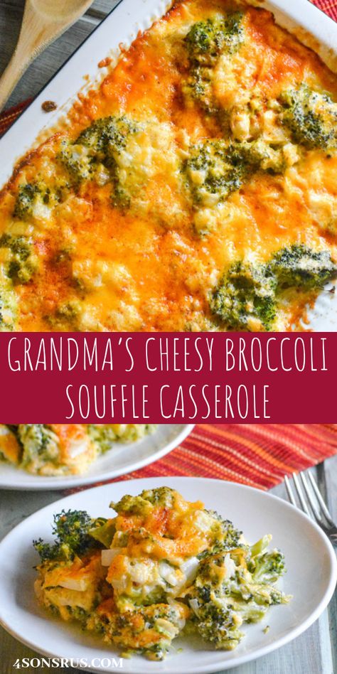 Every holiday meal needs a solid side dish to round it out, Grandma's Cheesy Broccoli Souffle Casserole is just that dish. It's quick & easy, full of good for you veggies served in tasty cheesy form. It's perfect for the holidays, but also easy enough for every day dinner. #casserolerecipe #dinnerrecpie #quickandeasy #familyfun Souffle Casserole, Broccoli Souffle, Broccoli Side Dish, Cheesy Broccoli, Vegetable Casserole, Holiday Meal, Veggie Side Dishes, Broccoli Recipes, Easy Casserole