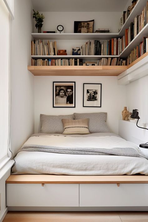 Maximize your small bedroom with smart organization hacks! This post reveals clever tips to optimize, and enhance your space. Find out how to create a functional, serene oasis, no matter the size. #SmallBedroom #SpaceSaving #OrganizingTips Micro Bedroom Storage, Tiny Bedroom Just Bed, Ikea Bedroom Ideas For Couples Small Spaces, Cozy Bedroom With Storage, Small Bedroom Configuration, Bedroom Tiny Space, Wall Storage Small Bedroom, Double Bed In Box Room, Small Bedrooms Idea