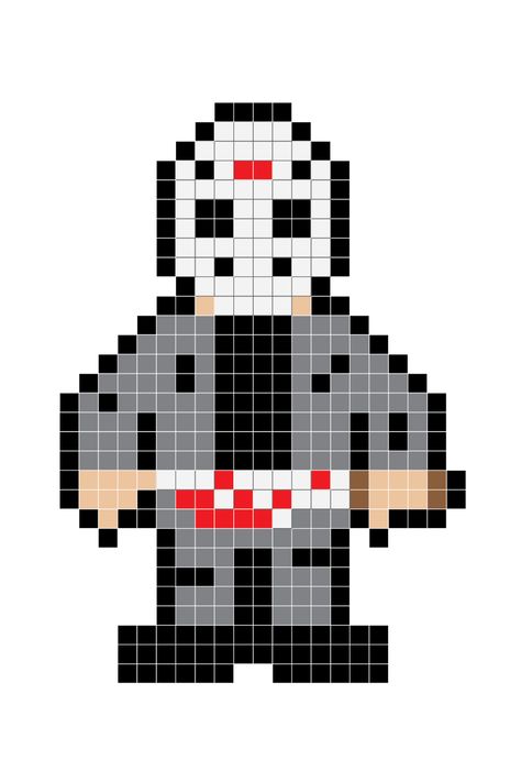 Jason Voorhees Fuse Bead Pixel Pattern #halloween #character #fusebead #perlerbead #pattern #craft #pixel #pixelart Jason Voorhees Perler Beads, Horror Ornaments, Pixel Art Horror, Pixel Art Halloween, Pixel Macrame, Pixel Blanket, Screaming Drawing, Keychain Patterns, Grid Patterns