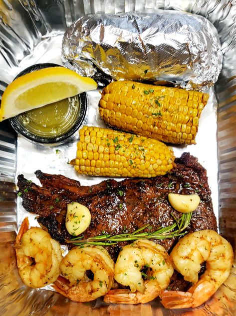 Each Entrée Comes With a 16 oz. Beef Ribeye Steak, Jumbo Shrimp, Baked Potato and Corn. *All Steaks Cooked Medium to Medium Well.* Soul Food Dinner Ideas, Healthy Meals With Ground Beef, Shrimp Baked Potato, Beef Ribeye Steak, Expensive Food, Dinner Recipes With Ground Beef, Prime Beef, Steak And Shrimp, Recipes With Ground Beef