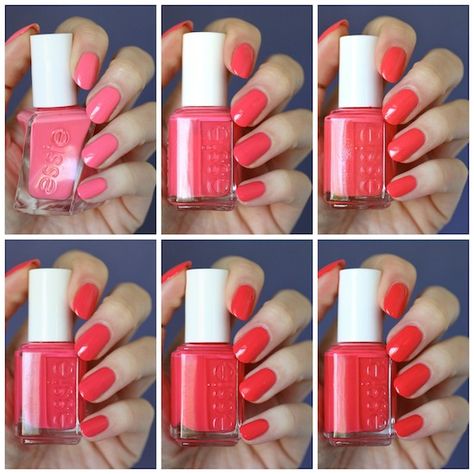 Essie Pink-Red Coral Comparison : Cute As A Button, Sunday Funday, Peach Daiquiri, Come Here, Sunset Sneaks & Signature Smile | Essie Envy Essie Swatches, Essie Pink, Peach Daiquiri, Coral Nail Polish, Essie Colors, Nail Magic, Spring Nail Polish, Fav Products, Coral Nails