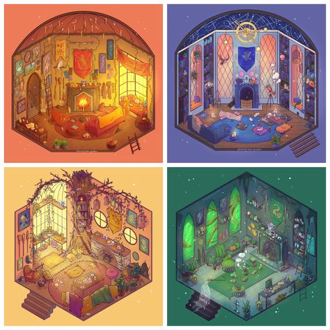 Harry Potter Houses Art, Evergreenqveen Art, Hogwarts Houses Art, Hogwarts Houses Fanart, Harry Potter Room Design, Harry Potter Draw, Harry Potter Rooms, House Ravenclaw, Isometric Room