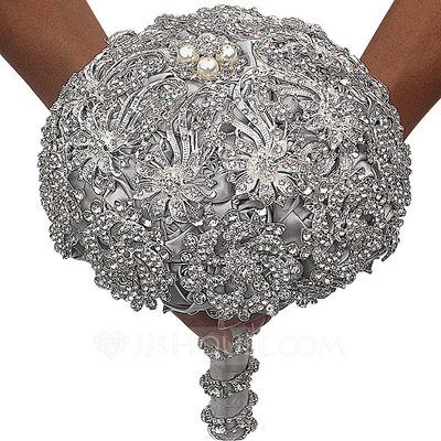 [US$ 97.00] Round Satin/Rhinestone Bridal Bouquets (Sold in a single piece) - (123182140) Art Deco Wedding Flowers Bridal Bouquets, Bling Wedding Bouquet, Silver Bouquet, Bouquet For Bride, Bridal Party Bouquets, Crystal Bouquet, Wrist Flowers, Bridal Brooch Bouquet, Wedding Brooch Bouquets