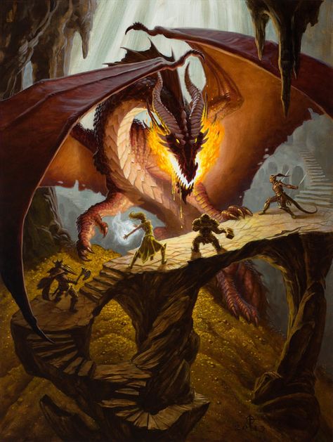 Battling a red dragon (from the 5e Dungeons & Dragons Player's Handbook). Art by Daren Bader. Fate Core, Darkness Dragon, Dragon Medieval, Savage Worlds, Fairy Dragon, Dragon Pictures, Fantasy Images, Dragon Quest, Dragon Artwork