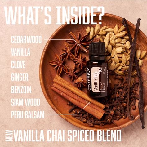 What’s in the new Vanilla Chai Spiced Blend? Caption: I can’t get enough of the new Vanilla Chai! Just a whiff makes me feel like I’m in my favorite café. Here are the essential oils packed into this warm blend: Cedarwood Siam Wood Vanilla Clove Peru Balsam Ginger Benzoin Carrier Oil Benefits, Benzoin Essential Oil, Essential Oil Education, Essential Oil Safety, What Are Essential Oils, Vanilla Chai, Vanilla Essential Oil, Chai Spice, Oil Benefits