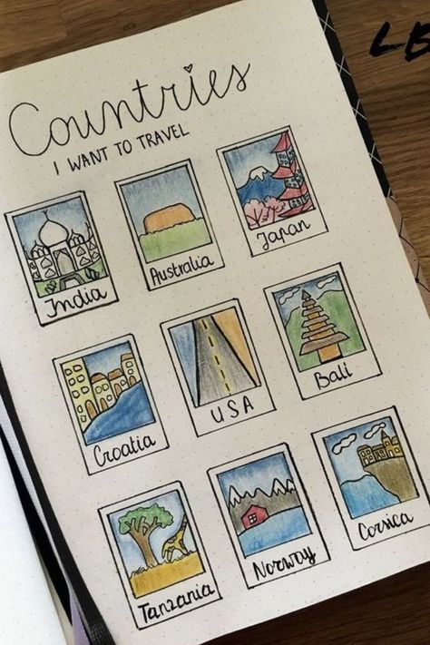 Idées de doodles pour personnaliser un journal de voyage Bujo Places I Want To Go, Journal Places To Travel, Travelling Diary Ideas, Country Journal Ideas, Journal Book Design Ideas, Drawing Ideas Travel, Travel Tracker Ideas, Journal Ideas Places I Want To Go, Cute Diary Ideas Journals