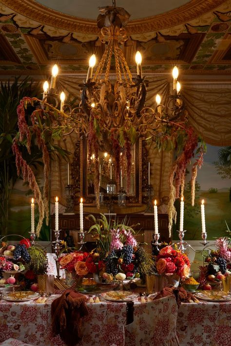 An elaborate banquet with exotic and beaded fruits, silver candelabra, warm candlelight, and fine china. Party Crackers, Twist Candle, Floral Tablecloth, Victorian Wedding, Decoration Inspiration, Taper Candles, Dinner Table, The Table, Guacamole