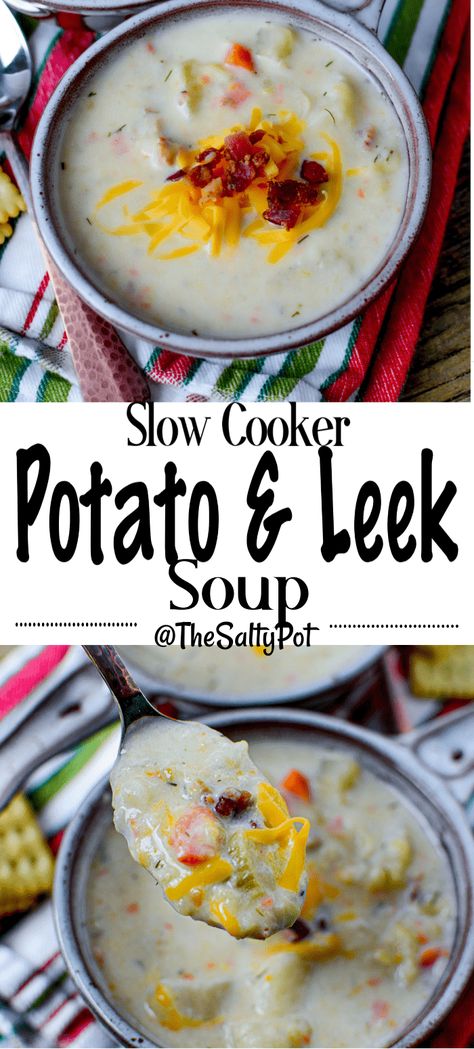 Creamy potato, leek, and bacon soup is slow-cooked to perfection. The creaminess from the cream, salty, smoky flavors from the bacon, and the potato/leek combination make this a soup that's like a big warm hug! Stick to your ribs, filling, and super inexpensive to make. Potatoe Leek Soup Recipe Slow Cooker, Healthy Potato Leek Soup Recipe, Potato Leek Soup Crock Pot, Crockpot Potato Leek Soup, Potatoe Leek Soup Recipe, Slow Cooker Potato Leek Soup, Leek And Bacon Soup, Slow Cooker Potato, Soup Crock Pot