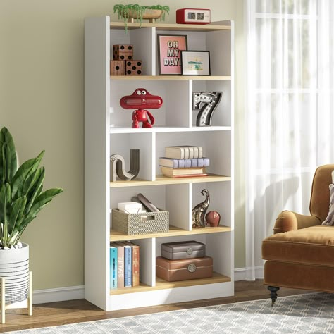 PRICES MAY VARY. 【BRING BACK FASHION STYLE】 Crisp white finish, Light brown shelves, this tall bookshelf blends aesthetics from simple and elegant together, easily upgrading your home decoration. Invite this stylish piece to your home and show off your storage! 【10 CUBE ORGANIZER】 Measuring 35.4” W x 11.8” D x 72” H, this 6-tier bookcase with 10 storage cubes offers various items a stage to shine like books, photos, and decorations. The wide top provides a large platform for fabric bins. Compart Tall White Bookcase, Cube Bookshelf, Styling A Bookcase, Bookcase Modern, Tall Bookshelf, Narrow Bookshelf, Home Library Rooms, Open Display Shelf, Library Bedroom