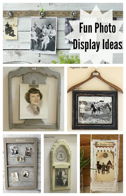 Fun & Inexpensive Farmhouse Style Photo Display Ideas #upcycle #repurpose #photodisplay #photodisplayideas #thriftshopmakeover #thriftshopfinds #garagesalefinds Old Photos Ideas, Recipe Display Ideas, Vintage Family Pictures, Diy Photo Display, Mail Organizer Wall, Vintage Crib, Playing Card Holder, Display Family Photos, Diy Display