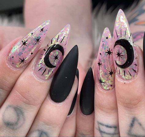 Mystical Nails Almond, Mystical Nail Art, Summer Witch Nails, Pink Witchy Nails, Summer Witchy Nails, Soft Goth Nails, Gothic Summer Nails, Goth Almond Nails, Alternative Nails Designs