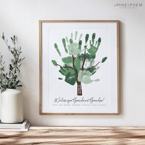 Hand Or Footprint Crafts, Grandkid Art Grandparent Gifts, Grandkids Handprint Gifts, Handprint Gifts For Grandpa, Handprint Tree Art, Grandparent Gifts From Grandkids, Footprint Art For Grandparents, Painting For Grandparents, Gifts From Baby To Grandparents