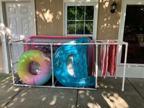 Diy-pool Accessory Holder and Towel Rack Manual - Etsy Large Pool Floats, Outdoor Towel Rack, Towel Drying Rack, Pool Float Storage, Pool Toy Storage, Towel Rack Pool, Pvc Pool, Pool Storage, Pool Rafts