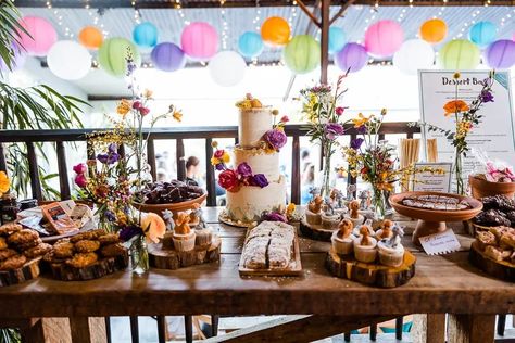 Dessert Table Bakes Cakes Treats Flowers Colourful Wildflower Wedding Eve Dunlop Photography #wedding #weddingcake #cake Wildflower Wedding Dessert Table, Wildflower Dessert Table, Whimsical Theme, Wedding Cake Dessert Table, Flower Explosion, Flowers Colourful, Flower Desserts, Rustic Vintage Wedding, Dessert Set