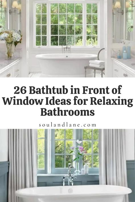 Immerse yourself in window-side serenity with our bathtub placement ideas, designed to maximize relaxation and ambiance. From minimalist elegance to cozy retreats, discover creative ways to position your bathtub in front of a window. These ideas promise to create a tranquil oasis, allowing you to unwind and enjoy the beauty of natural light and outdoor scenery. Bathtub In Front Of Window, Window Over Bathtub, Decorating Around Bathtub, Dream Bathrooms Luxury Master Bath, Bath Under Window, Large Window Treatments, Dream Bathrooms Luxury, Master Tub, Luxurious Bathtubs