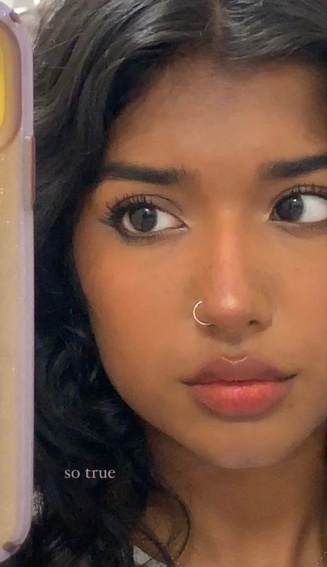 Contact Lense Aesthetic, South Asian Nose Piercing, Nose Piercing Aesthetic Indian, Nose Piercing Brown Girl, Desi Nose Piercing, Nose Piercing Ideas Studs, Ingenue Aesthetic Makeup, Nose Piercing Inspo Stud, Symmetrical Face Aesthetic