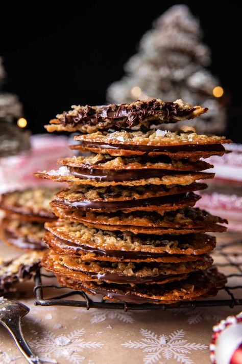 Chocolate Oatmeal Lace Cookies: Fun and easy to bake, even yummier to eat, great for gifting...a festive addition to your holiday cookie box! Oatmeal Lace Cookies, Half Baked Harvest Recipes, Christmas Cookie Box, Lace Cookies, Chocolate Oatmeal, Harvest Recipes, Half Baked, Holiday Cookie Recipes, Cookie Calories