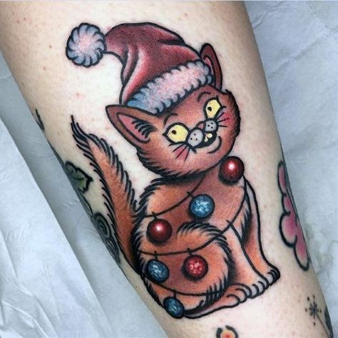 Christmas Cat Tattoo, Christmas Tattoo Ideas, Holiday Tattoos, Christmas Tattoos, Winter Tattoo, Full Sleeve Tattoo Design, Christmas Tattoo, Cool Christmas, Full Sleeve Tattoo