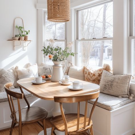 Dinning Nook Area, Corner Breakfast Nook Round Table, Kitchen Breakfast Nooks Small, Boho Kitchen Nook, Desk And Dining Table Combo, Built In Eating Nook, Breakfast Nook Cottage, Nook Tables Kitchen, Breakfast Nook Coffee Bar