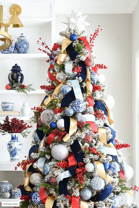 Gold Blue Red Christmas Tree, Christmas Decor Blue And Red, Navy Red Christmas Tree, Blue Red And White Christmas Decor, Blue And Red Tree Christmas, Blue Gold Red Christmas Tree, Red Blue Christmas Decor, Navy Blue And Red Christmas Tree, Red Blue Gold Christmas Tree