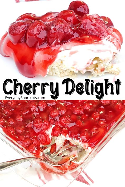 Cherry Delight Dessert in a baking dish Cherry Flip Dessert, Soda Cracker Dessert, Cherry Jubilee Dessert, Cherry Torte Recipe, Saltine Cracker Recipes, Cherry Delight Dessert, Quick Puddings, Pie Filling Desserts, Cracker Dessert