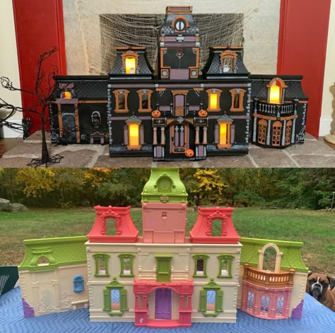 Painted Dollhouse Halloween, Halloween Dollhouse Furniture, Halloween Home Crafts, Dolls House Halloween, Halloween Haunted Doll House, Halloween House From Doll House, Painted Halloween House, Doll House Repurpose, Diy Haunted Dollhouse Furniture