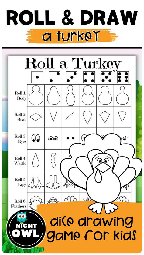 Roll and Draw a Turkey - Printable Thanksgiving Art Activity! 🦃🎨  Gobble up the fun with our Roll and Draw a Turkey printable! This engaging art activity is perfect for Thanksgiving. Kids will love rolling the dice and drawing different turkey parts to create their own unique masterpiece. Great for fine motor skills, following directions, and creativity. #rollanddraw #thanksgiving #turkey #artactivity #fallfun #classroomgames #drawinggames #thanksgivingcrafts #kidscrafts #elementary #education Thanksgiving Buddy Activities, Drawing A Turkey, Thanksgiving Roll A Story, Thanksgiving Drawing Game, Turkey Directed Drawing For Kids, Thanksgiving Dice Game, 1st Grade Thanksgiving Activities, Thanksgiving Crafts For Elementary Kids, How To Draw A Turkey