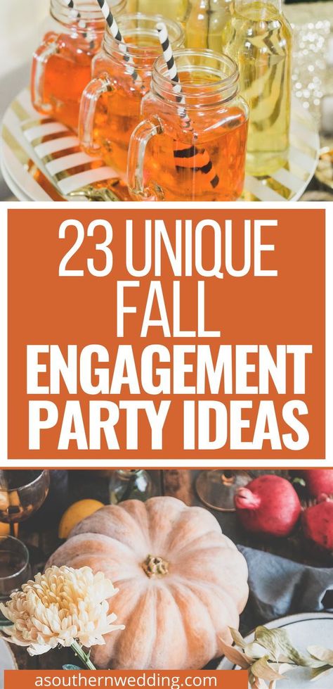 Plan a fabulous fall engagement party with these unique engagement party ideas. Your guests will be talking about it the rest of the year! #engagementparty #engagementpartyplanning #fallengagement #fallwedding #fallengagementparty #autumnengagementparty #autumnengagement #autumnwedding #cuteengagementpartyideas #engagementpartyinspo #backyardengagementparty Engagement Family Dinner Party Ideas, Fall Engagement Decorations, Small Engagement Party Themes, Fall In Love Theme Engagement Party, Table Decor For Engagement Party, Engagement Party Photos Ideas, Fall Boho Engagement Party, Pumpkin Engagement Party, Stock Your Bar Party Ideas