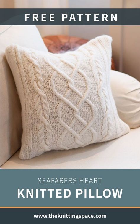 Looking for a worthwhile cable knitting project? Try your hands on this elegant cable knit pillow that makes for a thoughtful and impressive handmade housewarming gift that will suite any style of home decor, from minmalist to country style. | Discover over 4,500 free knitting patterns at theknittingspace.com Diy Knit Pillow Cover, Christmas Pillow Knitting Patterns, Fall Crochet Pillow Patterns Free, Knitted Pillows Patterns Free, Knitted Pillow Covers Free Pattern, Knit Pillow Pattern Free, Knitted Cushion Pattern, Cable Knit Pillow, Knitted Pillows