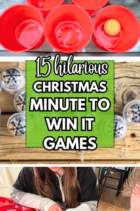 Christmas Minute To Win It Games For Kids And Adults - FUN HOLIDAY GROUP GAME IDEAS! Funny group games for families, Christmas party games, or Christmas Eve activities. Great games for kids Christmas parties or holiday kids activities too or youth group Christmas game ideas! #minutetowinit #christmasgames #holidaygame #partygames #challengegame #groupgames #christmas #holidays Diy Christmas Carnival Games, Easy Christmas Party Games For All Ages, Hilarious Christmas Games For Adults, Christmas Minute To Winit Games, Staff Holiday Party Ideas Fun Games, Holiday Group Games For Adults, Christmas Win Lose Or Draw, Christmas Simon Says Game, Group Games For Adults Indoor Christmas