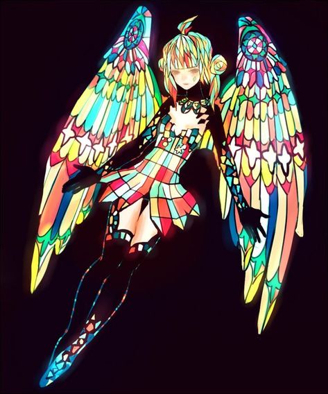 Glass Character Design, Cape Character Design, Stained Glass Character, Wing Cape, Punk Female Character Design, Elemental Magic, Stained Glass Angel, Ange Demon, Angel Girl