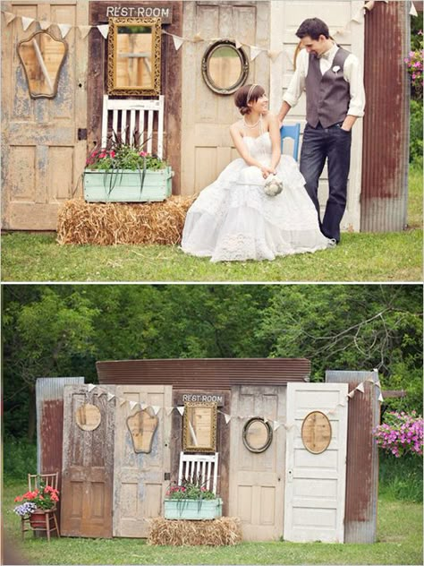 I like the rustic feel of the doors as a backdrop. this looks really neat! what do you think @Kathleen S S S adele Sewall Decor Photobooth, Deco Champetre, Photo Booth Ideas, Photos Booth, בר מצווה, Backdrop Ideas, Photo Booth Backdrop, Old Doors, Photo Booths