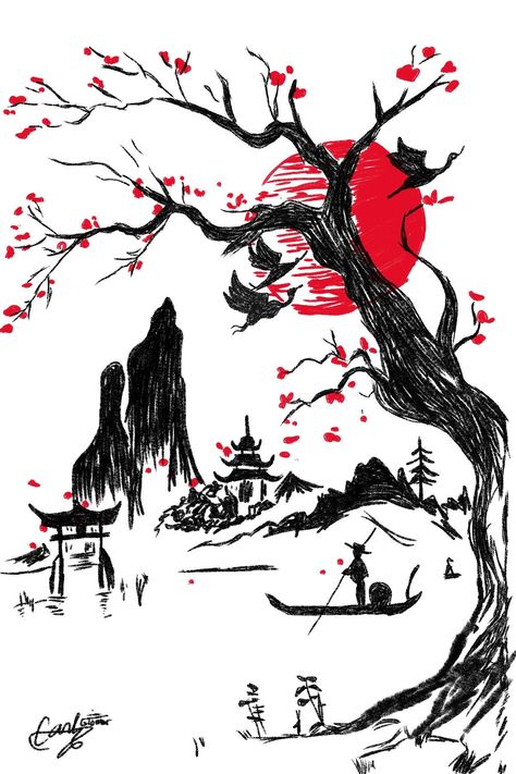 Japanese Ink Drawing, Japanese Artwork Tattoo, Japanese Tattoo Art Draw, Japanese Tree Tattoo, Japanese Art Modern, Samurai Tattoo Design, Japanese Pop Art, Samurai Wallpaper, Asian Landscape