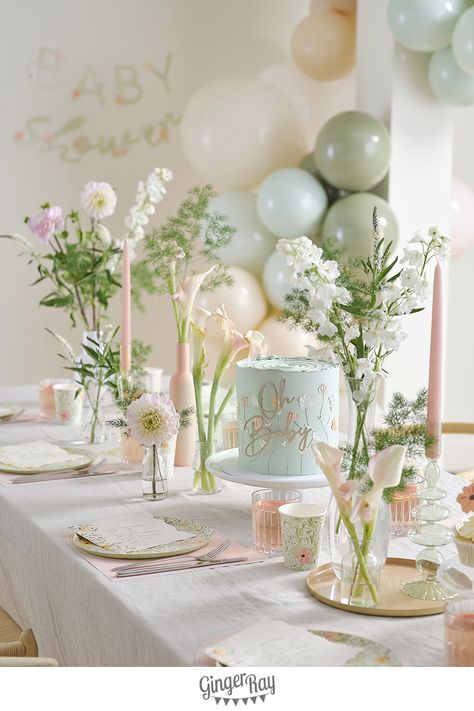 Step into this gorgeous baby shower setup bursting with ditsy floral details. This collection is perfect for a brunch to celebrate Mummy-to-Be! Floral Baby Birthday Party, Floral Gender Reveal Party, Baby Shower Decor Gender Neutral, Pink And Sage Green Grad Party, Baby Shower Uk, In Home Baby Shower Setup, Sage Green And Blush Baby Shower Ideas, Feminine Baby Shower Ideas, Diy Baby In Bloom Decor