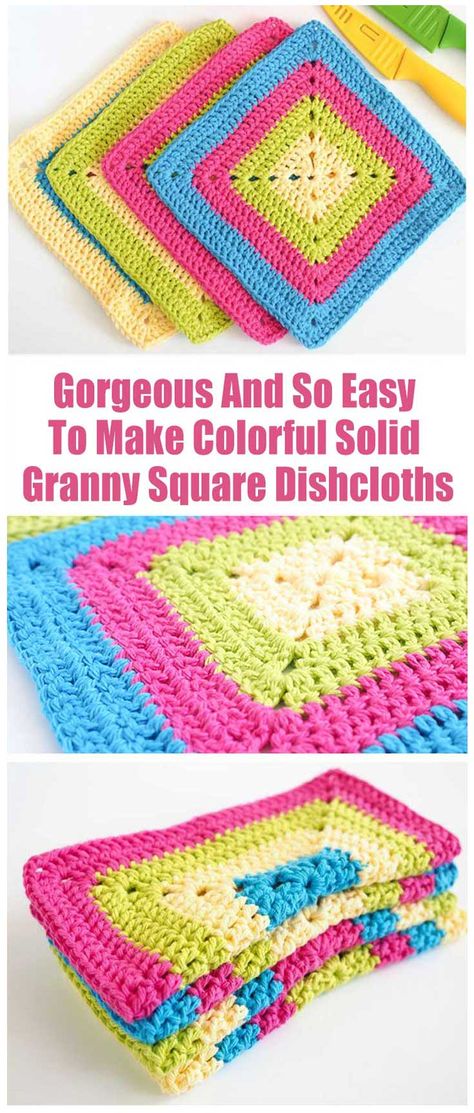 Colorful Solid Granny Square Dishcloths. I love colorful crochet projects! It’s just something about them so inviting and playful they just bring more joy to one’s life. Having colorful crochet dishcloths in the kitchen is like having a color therapy for free and without even knowing it may be, in the privacy of your home.  #crochet #aboutcrochet #crochetstitches #crochetpatterns #crochettutorial #freecrochetpattern #crochettips #crochettechniques #crochetprojects #crochetdishcloths #crochethome Crochet Granny Square Dishcloth Pattern, Granny Square Washcloth, Crochet Dish Cloth Free Pattern, Learning Crochet, Solid Granny Square, Granny Square Pattern Free, Dishcloth Patterns Free, Sunburst Granny Square, Granny Square Projects