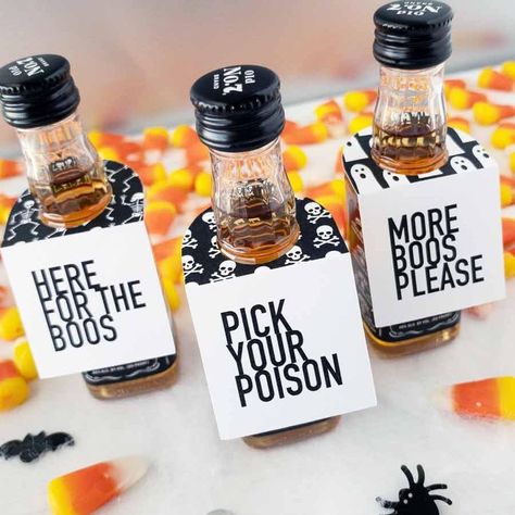 Halloween favor tags. Spooky Halloween party favor tags sized to fit miniature bottles of alcohol. Halloween party favor tags are perfect for Halloween table decorations. Add these spooky tags to a mini bottle of your favorite spirits for a Halloween favor that is guaranteed to be a hit with your guests! You'll receive 4 of each design More Boos Please Pick Your Poison Here For The Boos Tags only, ribbon and props not included Bottles Of Alcohol, Halloween Favor Tags, Mini Liquor Bottles, Halloween Favor, Halloween Party Printables, Spooky Halloween Party, Halloween Table Decorations, Magic Potion, Halloween Favors