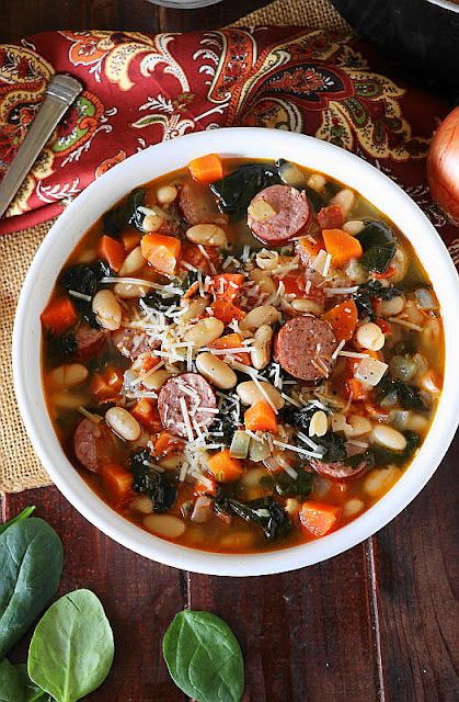 Beans And Kielbasa Recipe, Soup Kielbasa, Spinach White Bean, Hominy Soup, Kielbasa Soup, The Kitchen Is My Playground, Soup With Spinach, White Bean Recipes, Kielbasa Recipes