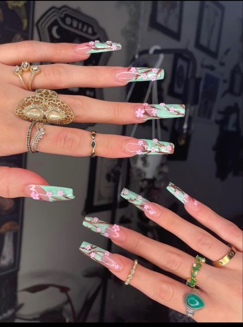 Green Tea Nails, Arizona Green Tea, Cherry Blossom Nails, Art Designs Ideas, Hello Nails, Hippie Nails, Punk Nails, Dope Nail Designs, Kawaii Nails