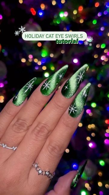 Jeanette Flores on Instagram: "Holiday cat eye swirls 🎄💫🤩❄️ SAVE this tutorial for holiday nail inspo🎥💅🏽 Using @dndgel (code: JEN25) •Purrsian Purrfection 9D cat eye •Double Head Cat Eye Magnet •White Chalk 056 •Nail Art Liner Brush No. 11 •Top Coat #tutorial #nailarttutorial #howto #easynailart #diynails #cateyenails #holidaynails #christmasnails #nailtrends #velvetnails #glitternails #holonails #colorchangingnails #viralnails #cateyegelpolish #nailinspiration #gelextensions #pressonnails #holographicnails #nailvideos #nailreels #uñas #magneticnails #magneticpolish #velvetnails #dnd #dndgelpolish #dndgel #festivenails" Holiday Nail Inspo, Eye Nail Art, Holo Nails, Fancy Nails Designs, Christmas Gel Nails, Liner Brush, Holiday Nail, Nail Art Designs Videos, Cat Eye Nails