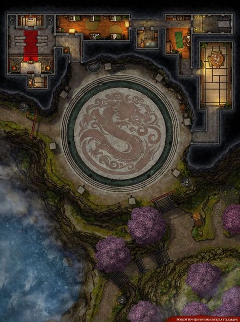 Mountain Battlemap, Asian Maps, Dnd Locations, Mountain Temple, Village Map, Japanese Shrine, Dnd World Map, Fantasy Town, Fantasy World Map