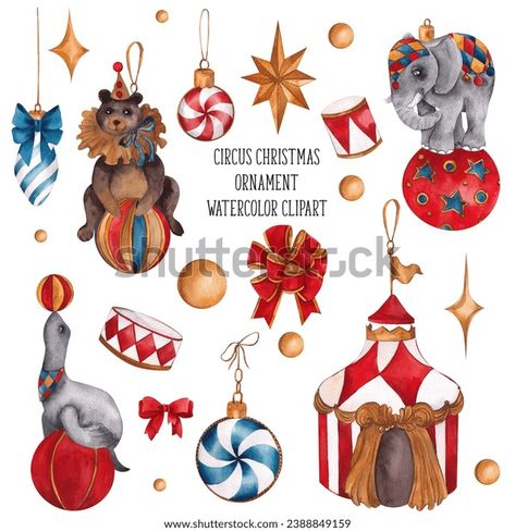 Watercolor Clipart Christmas Circus Toys Christmas Stock Illustration 2388849159 | Shutterstock Circus Christmas, Toys Illustration, Christmas Circus, Circus Toy, New Year Cartoon, New Years Tree, Christmas Doodles, Cottage Christmas, Clipart Christmas