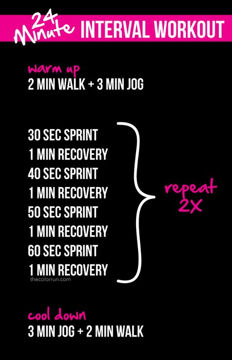 Want to increase your fitness level and burn more calories? Try our 24-minute interval workout. You've got this! #TheColorRun Interval Training Workouts Running, Sprint Training Treadmill, Tabata Running Workouts, Interval Sprints On Treadmill, Interval Running Workout Treadmills, Sprint Circuit Workout, Treadmill Sprint Intervals, Interval Running Workout Outside, Sprint Interval Training Treadmill