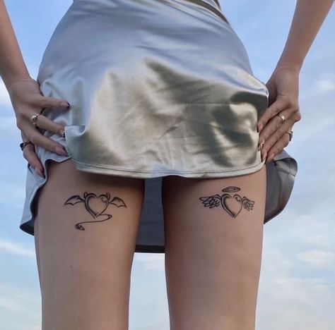 Angel And Devil Tattoo, Back Of Thigh Tattoo, Upper Leg Tattoos, Back Of Leg Tattoos, Cute Thigh Tattoos, Leg Tattoos Women, Wings Art, Thigh Tattoos Women, Body Modification