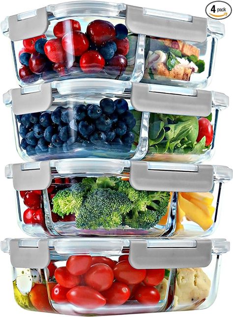 Amazon.com: FIT Strong & Healthy 2 & 3 Compartment Glass Meal Prep Containers (4 Pack, 32 oz) - Glass Food Storage Containers with Lids, Glass Bento Box, Portion Control, Airtight, Oven & Freezer safe, Gray Lids: Home & Kitchen Glass Meal Prep Containers, Glass Meal Prep, Meal Prep Containers, Glass Food Storage, Glass Food Storage Containers, Bento Box, Food Storage Containers, Storage Containers, Serveware