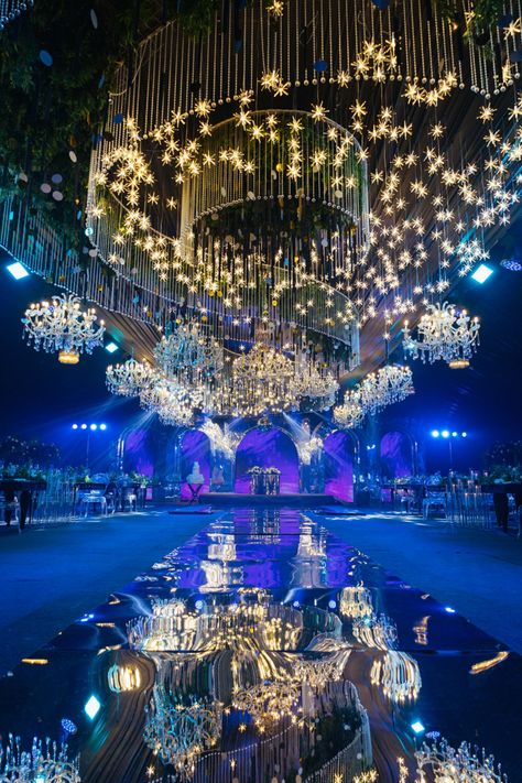 A stunning wedding reception decor featuring a custom-designed ceiling installation made up of crystals, stars and chandeliers. Wedding Ceiling, Wedding Reception Decor, Ceiling Treatments, Ceiling Installation, Reception Decor, Crystal Wedding, Wedding Reception Decorations, Reception Decorations, Wedding Inspo